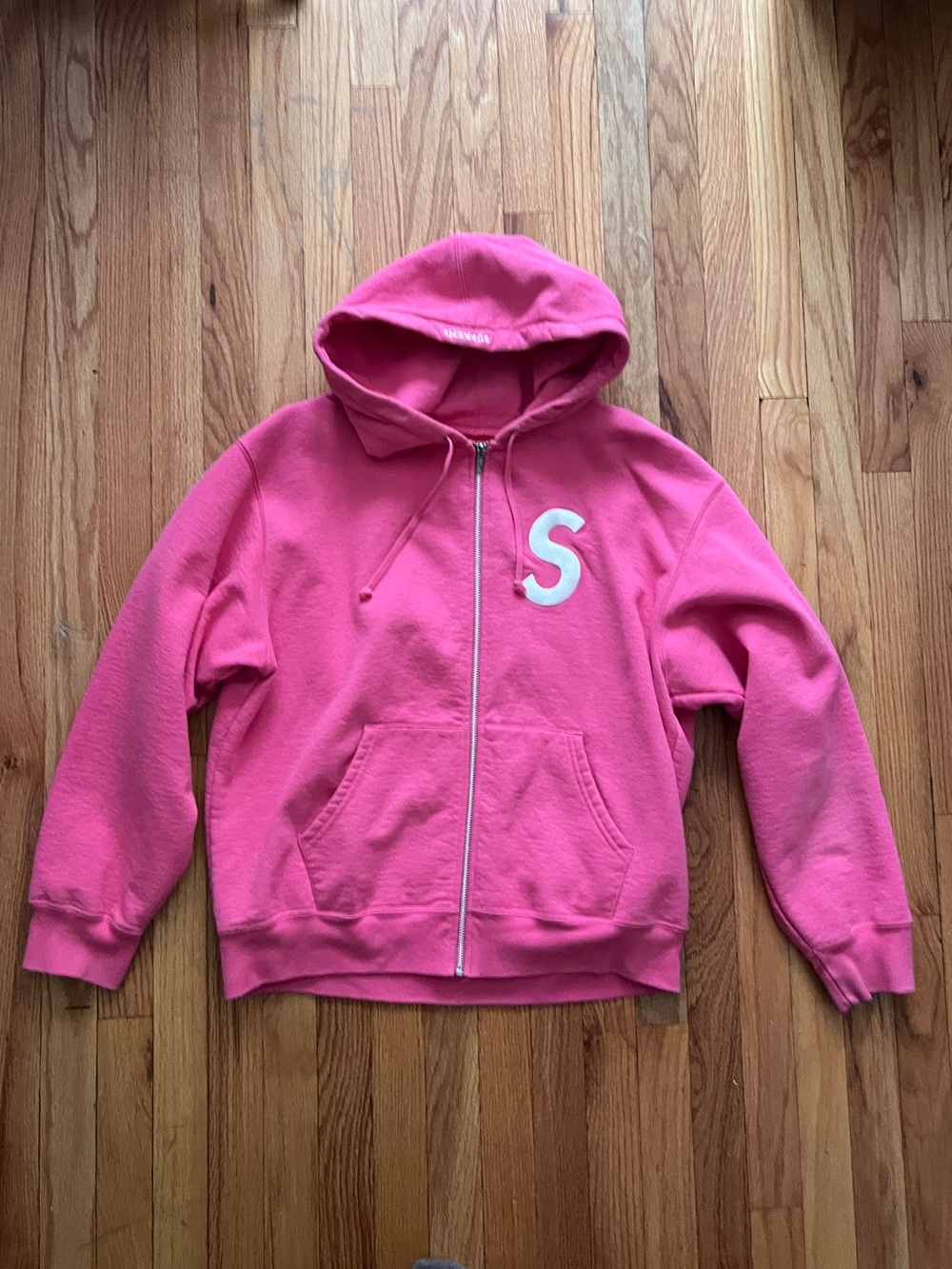 Supreme SS23 Pink Magenta Logo Zip Up Hooded Sweatshirt size Small